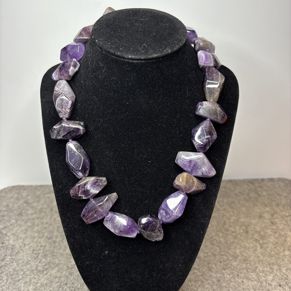 Natural Amethyst Large Nugget Statement Necklace Purple Gemstone 16" Chunky